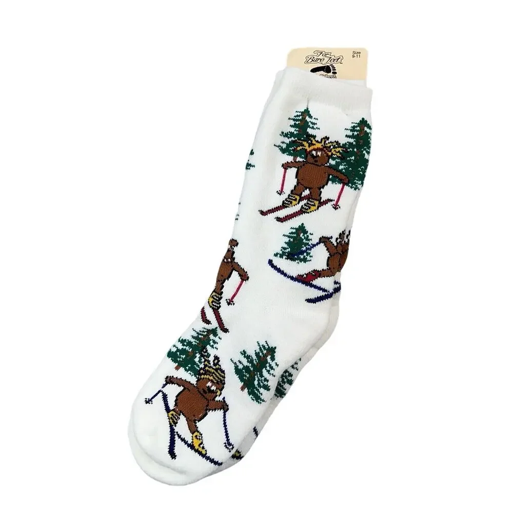 NWT For Bare Feet Bear Skiing Novelty Crew Socks Womens 9-11 Made USA Winter